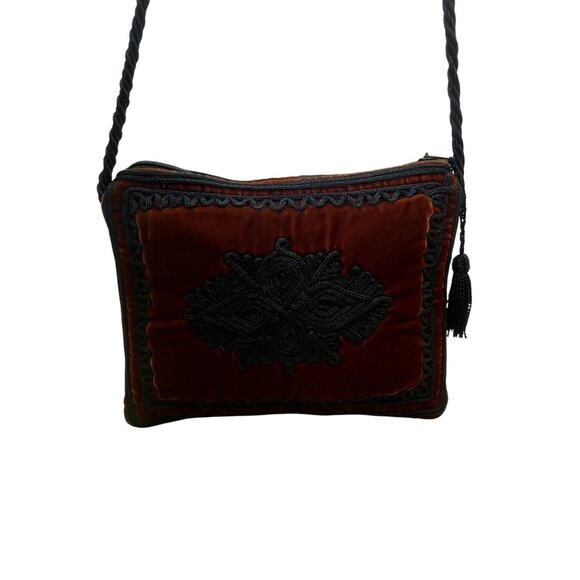 Women’s Orange & Black Velvet Embroidered Tassel Zipper Strap Crossbody Purse - Picture 2 of 9
